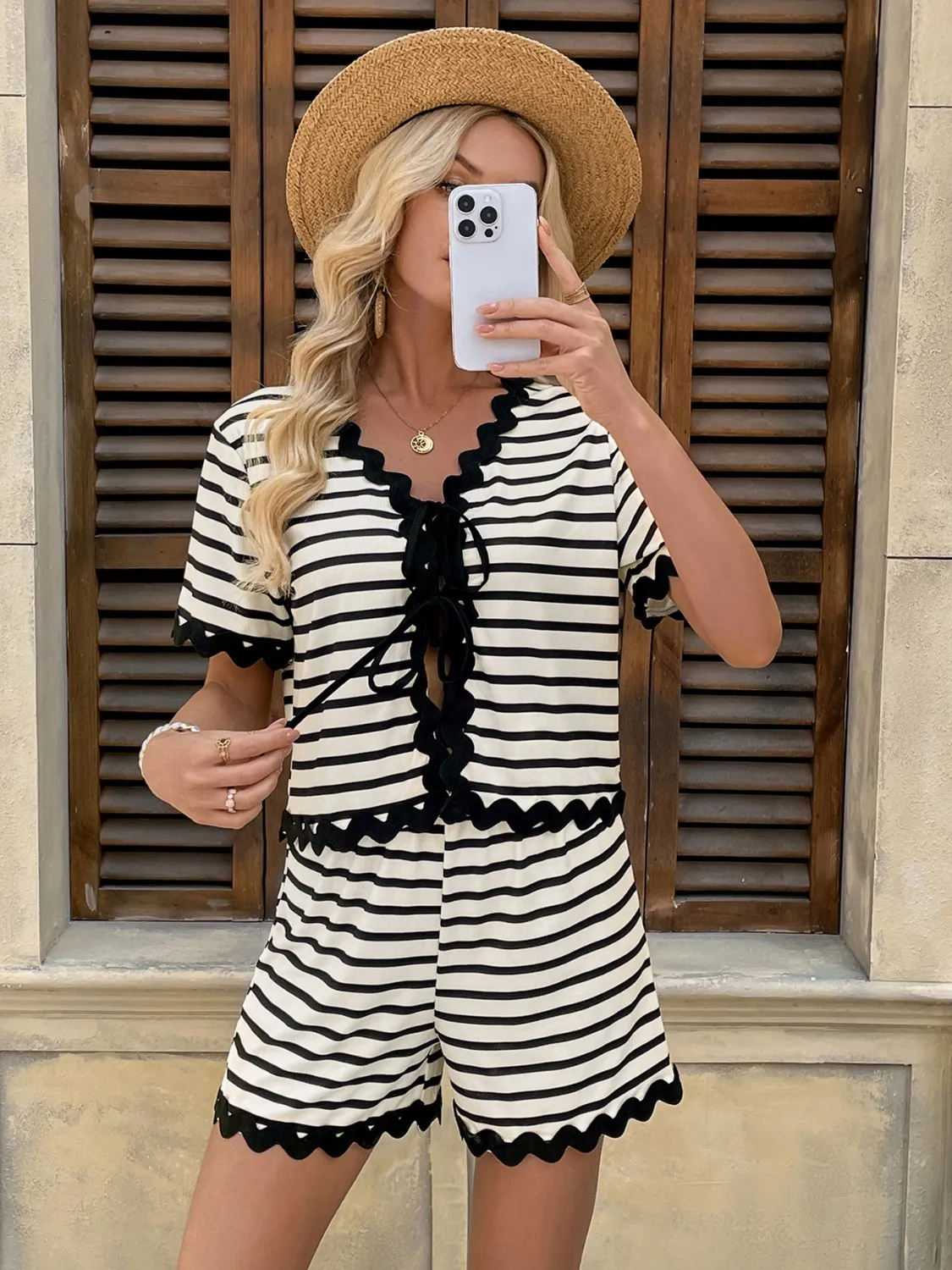 Tied Front Striped Top and Shorts Set - Image 3
