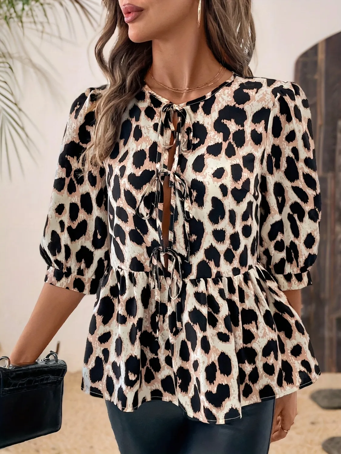 Tied Leopard Round Neck Half Sleeve Blouse - Image 5