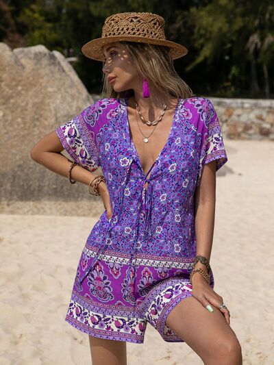 Tied Printed Short Sleeve Romper - Image 13