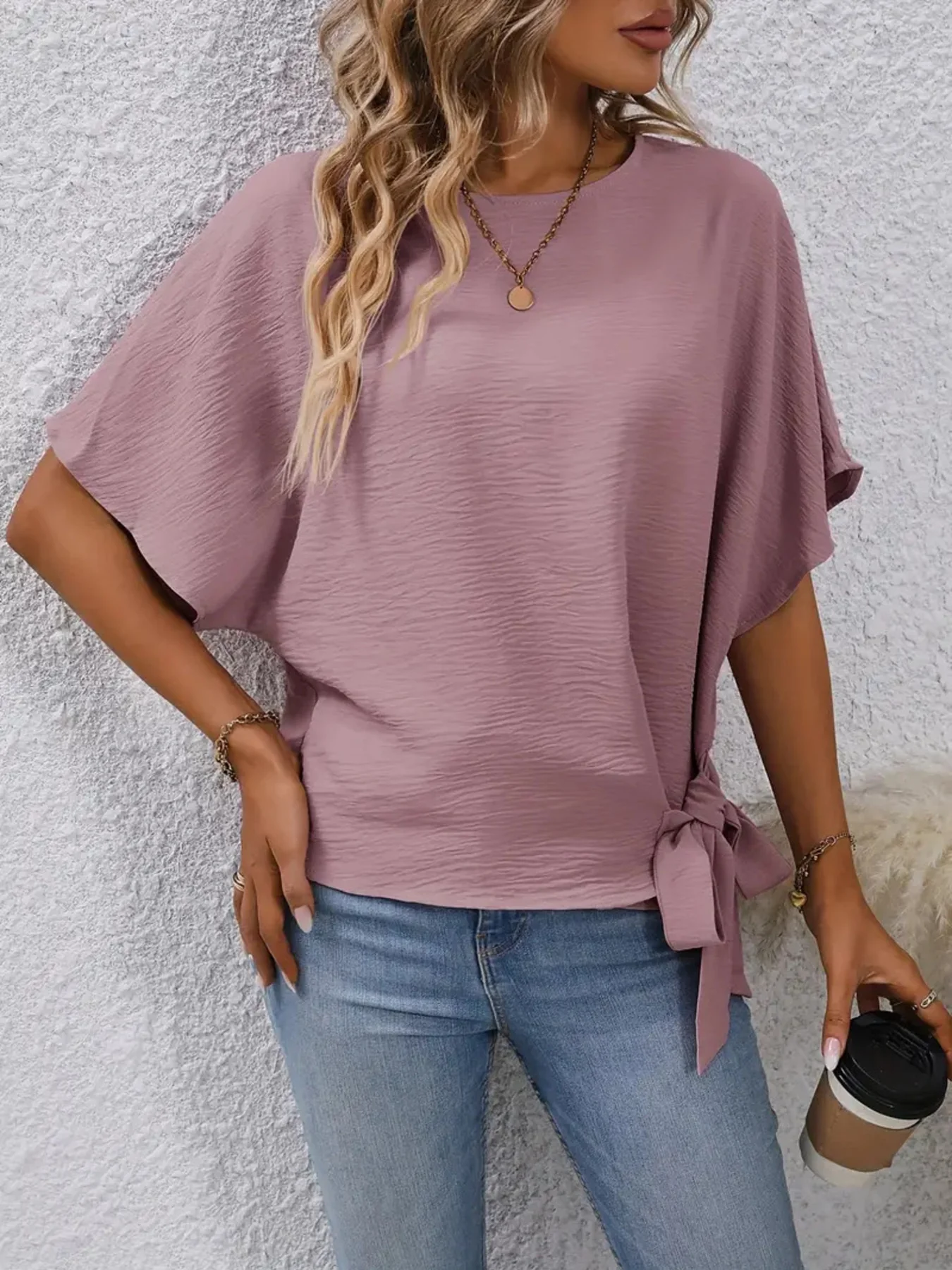 Tied Round Neck Half Sleeve Blouse - Image 3