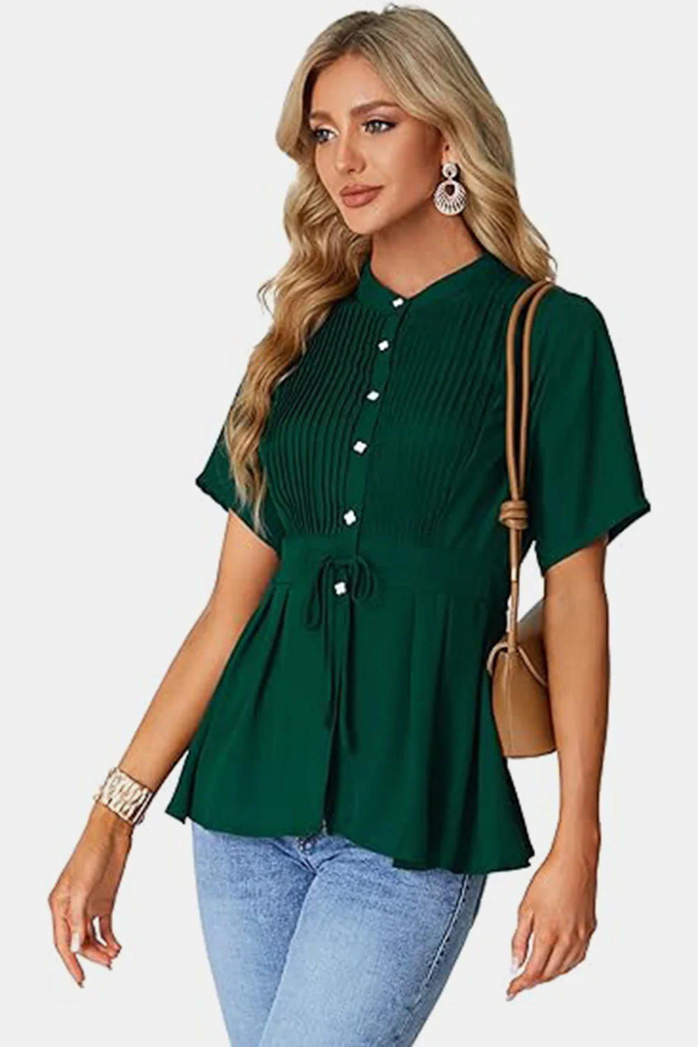 Tied Round Neck Short Sleeve Blouse - Image 4
