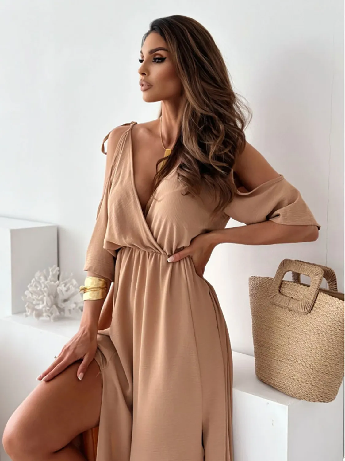 Tied Shoulder Slit Maxi Dress - Image 10