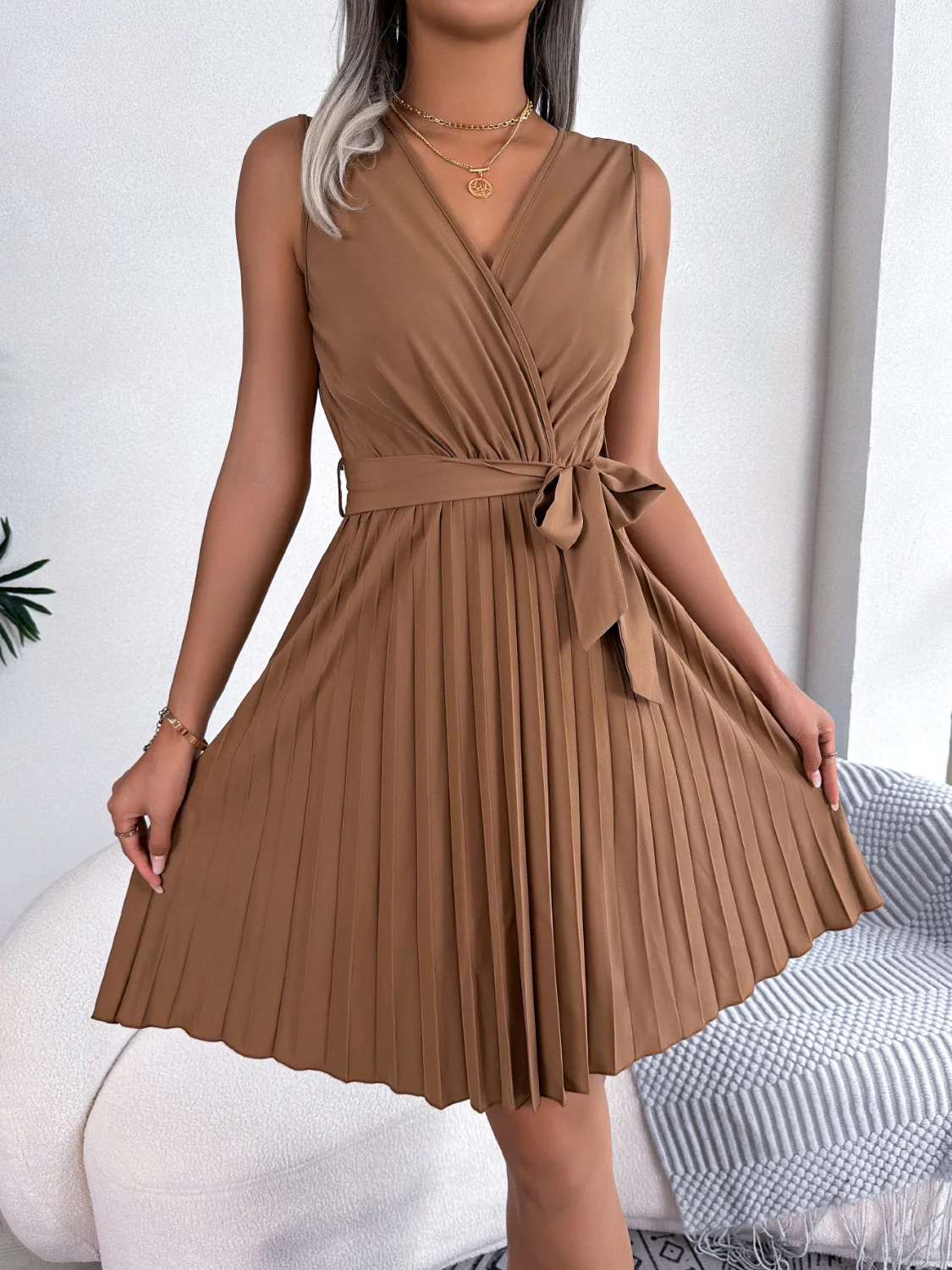 Tied Surplice Sleeveless Pleated Dress - Image 13