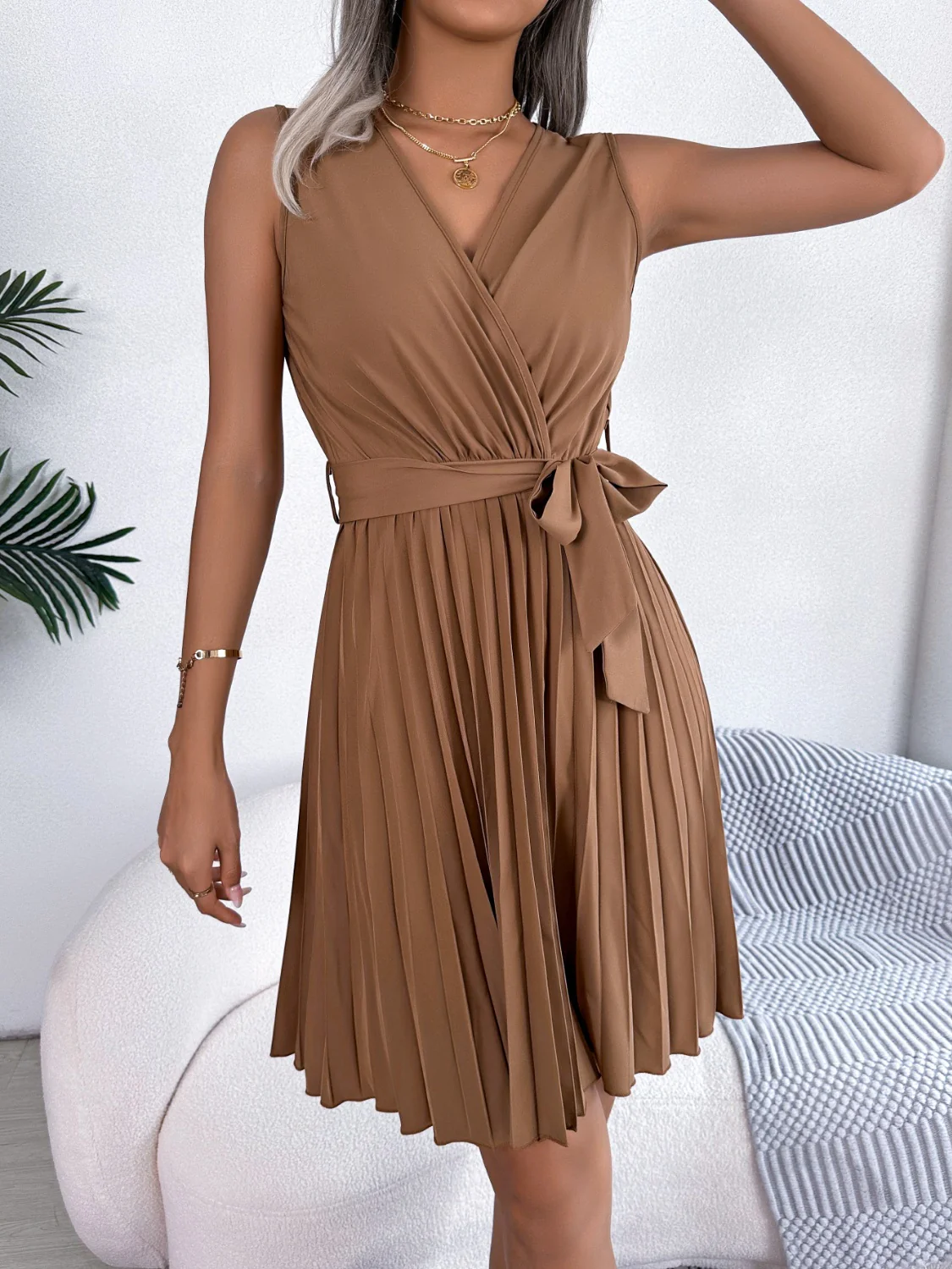 Tied Surplice Sleeveless Pleated Dress - Image 15