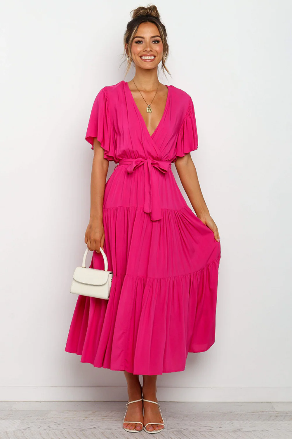 Tied Tiered Short Sleeve Midi Dress - Image 11