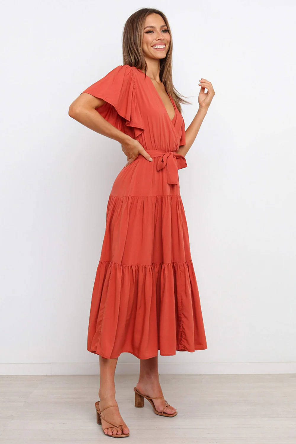 Tied Tiered Short Sleeve Midi Dress - Image 3