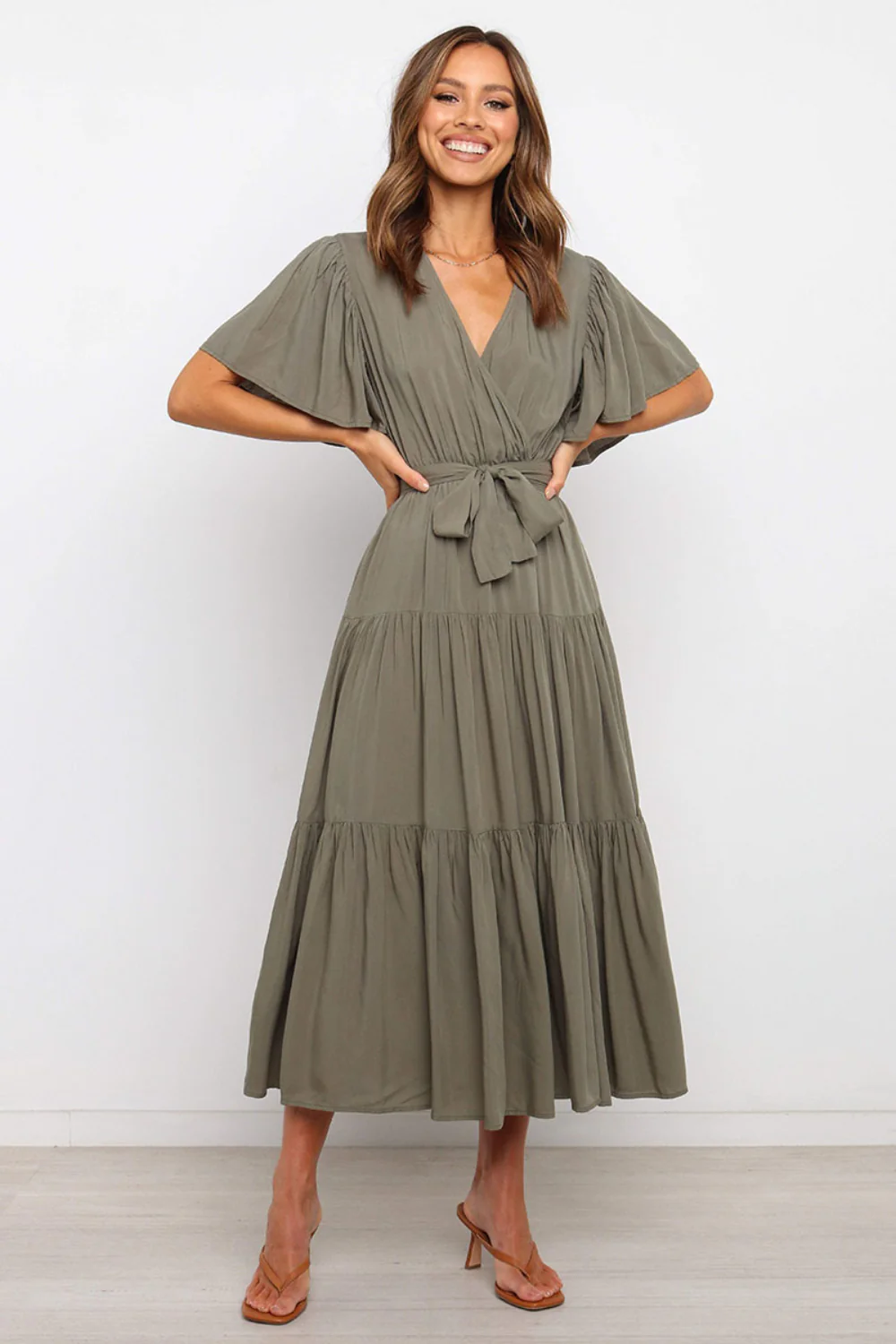 Tied Tiered Short Sleeve Midi Dress - Image 5