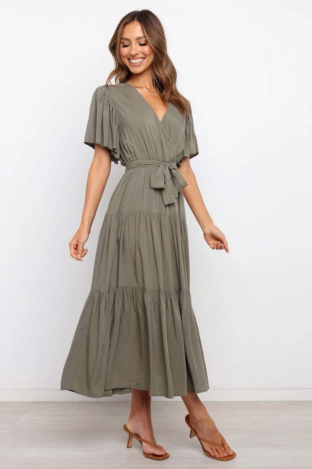 Tied Tiered Short Sleeve Midi Dress - Image 6