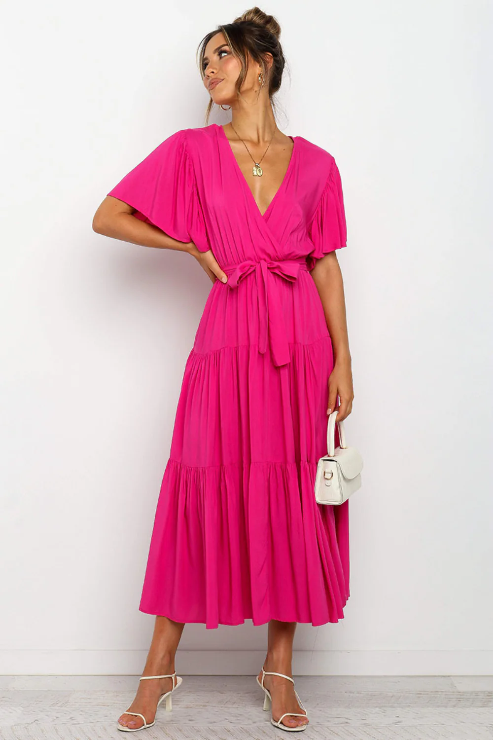 Tied Tiered Short Sleeve Midi Dress - Image 9