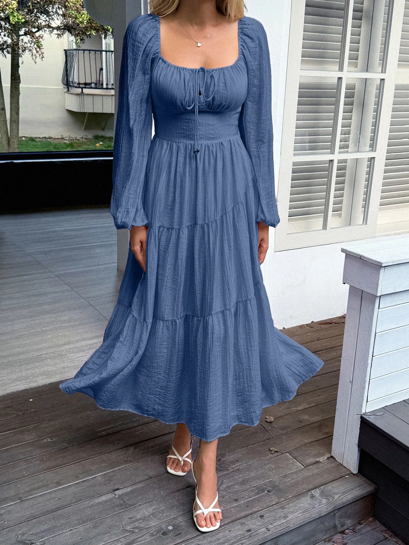 Tiered Balloon Sleeve Midi Dress - Image 8