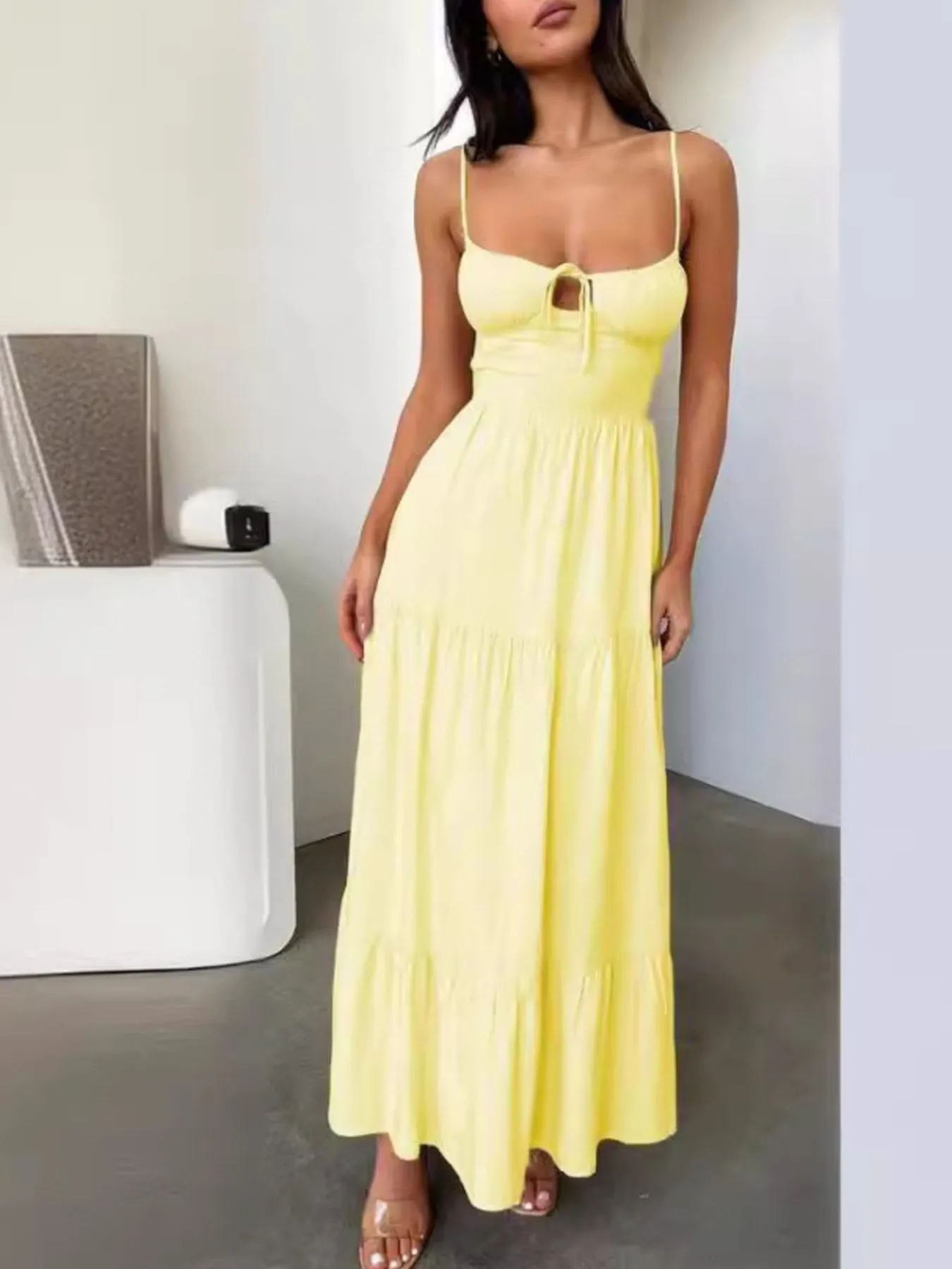 Tiered Lace Up Spaghetti Straps Maxi Dress - Image 18
