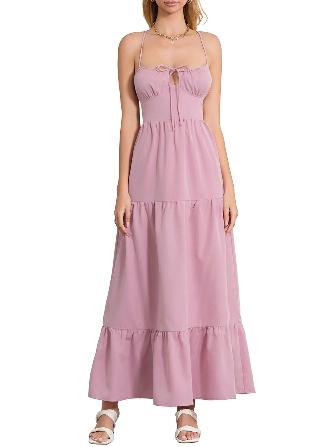 Tiered Lace Up Spaghetti Straps Maxi Dress - Image 24