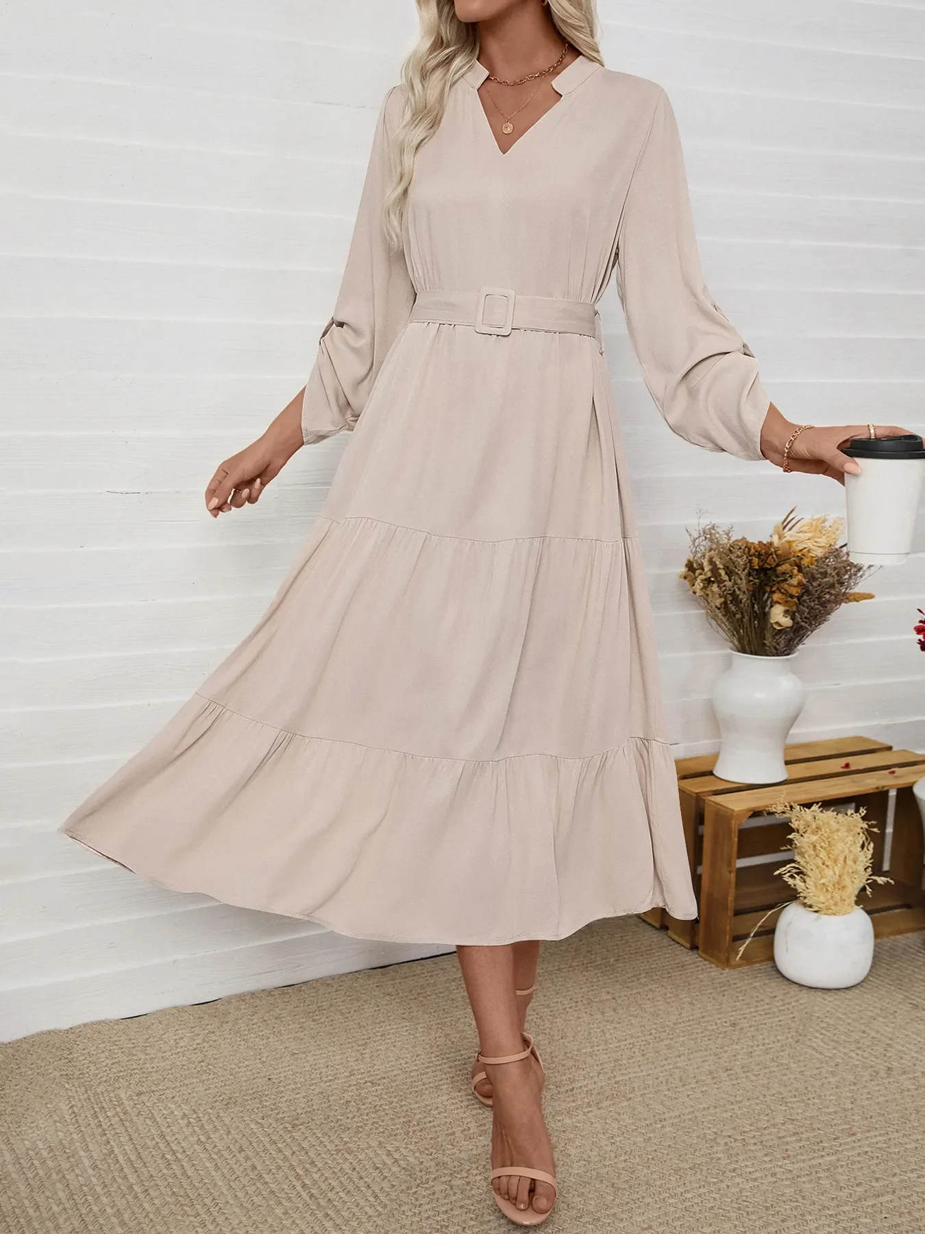 Tiered Notched Belted Midi Dress - Image 3