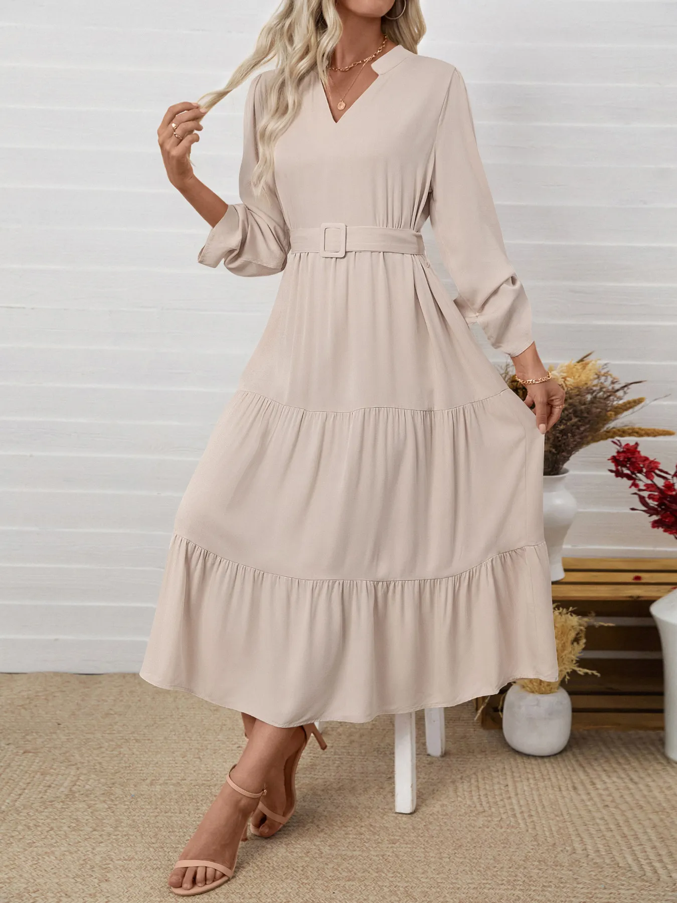 Tiered Notched Belted Midi Dress - Image 5