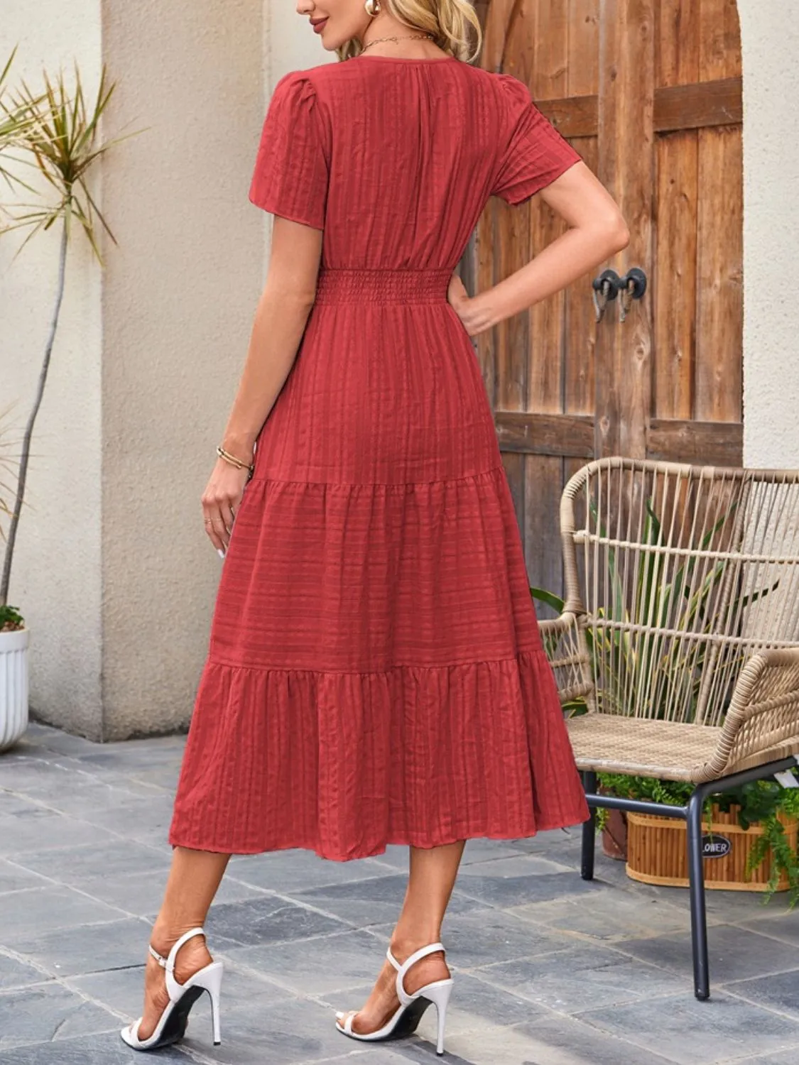 Tiered Notched Short Sleeve Dress - Image 18