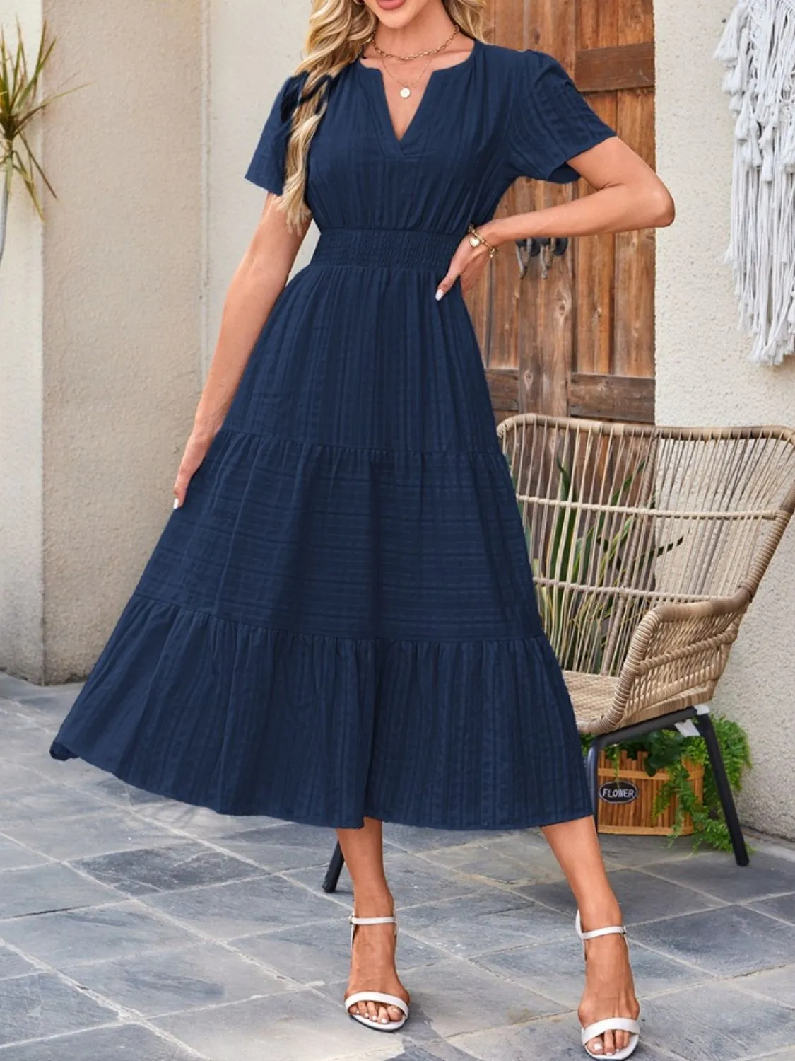 Tiered Notched Short Sleeve Dress - Image 20