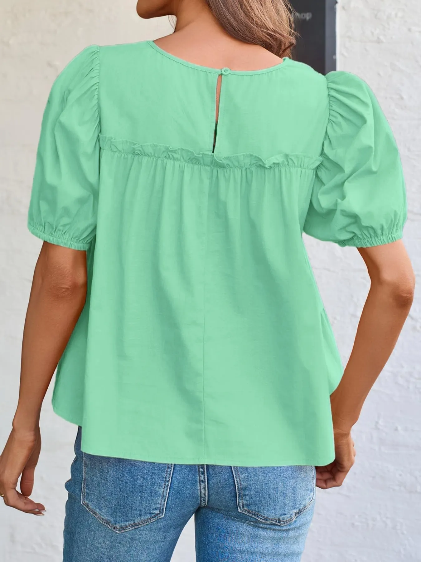Tiered Round Neck Puff Sleeve Ruched Blouse - Image 8