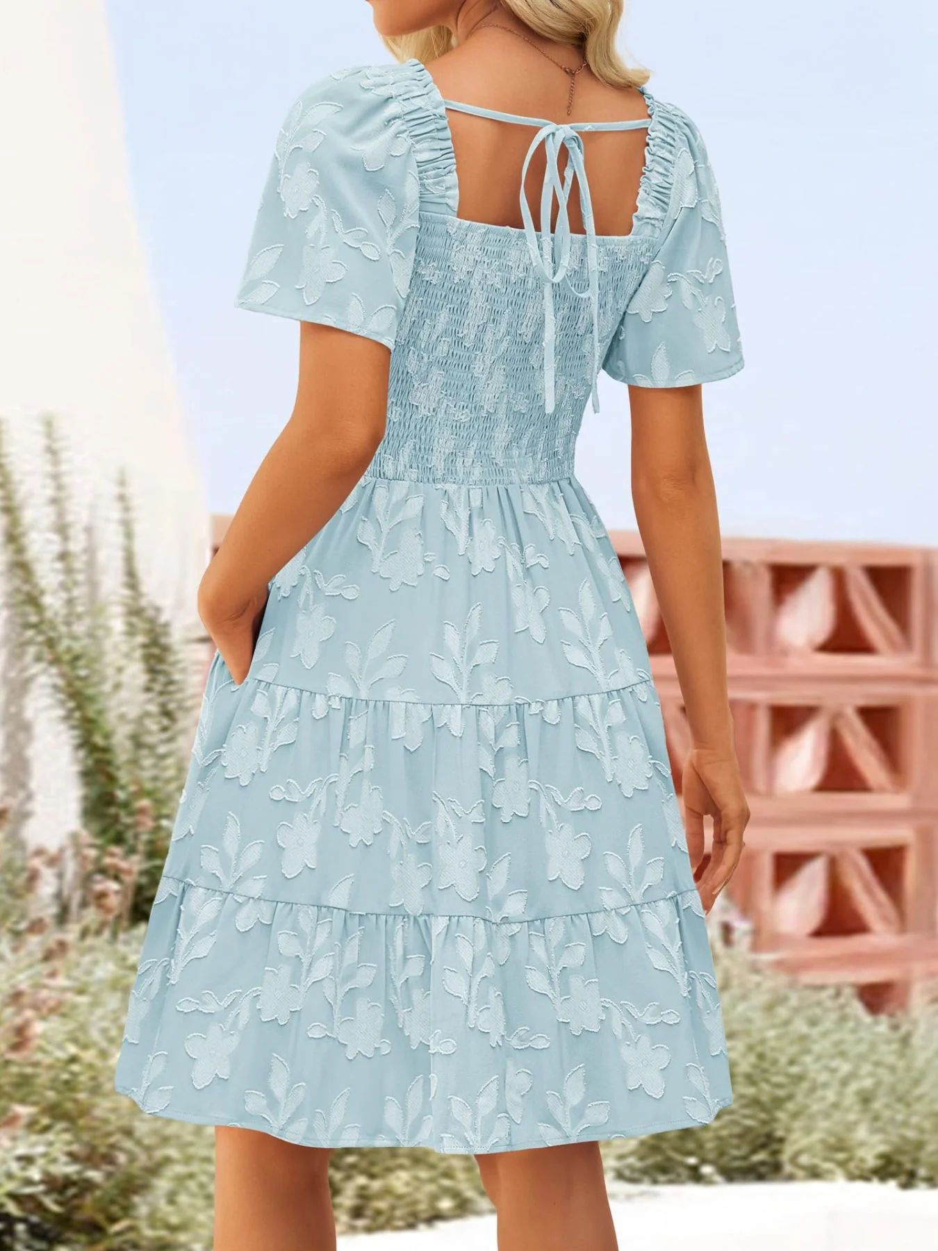 Tiered Square Neck Short Sleeve Dress - Image 3