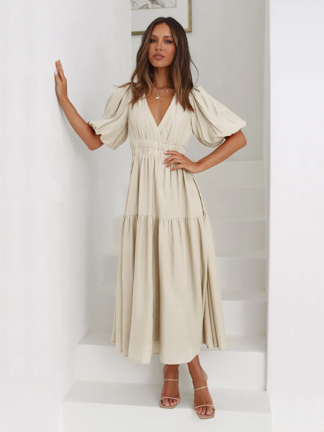 Tiered Surplice Half Sleeve Midi Dress - Image 3