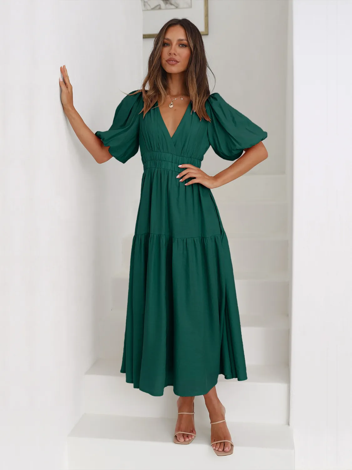 Tiered Surplice Half Sleeve Midi Dress - Image 7