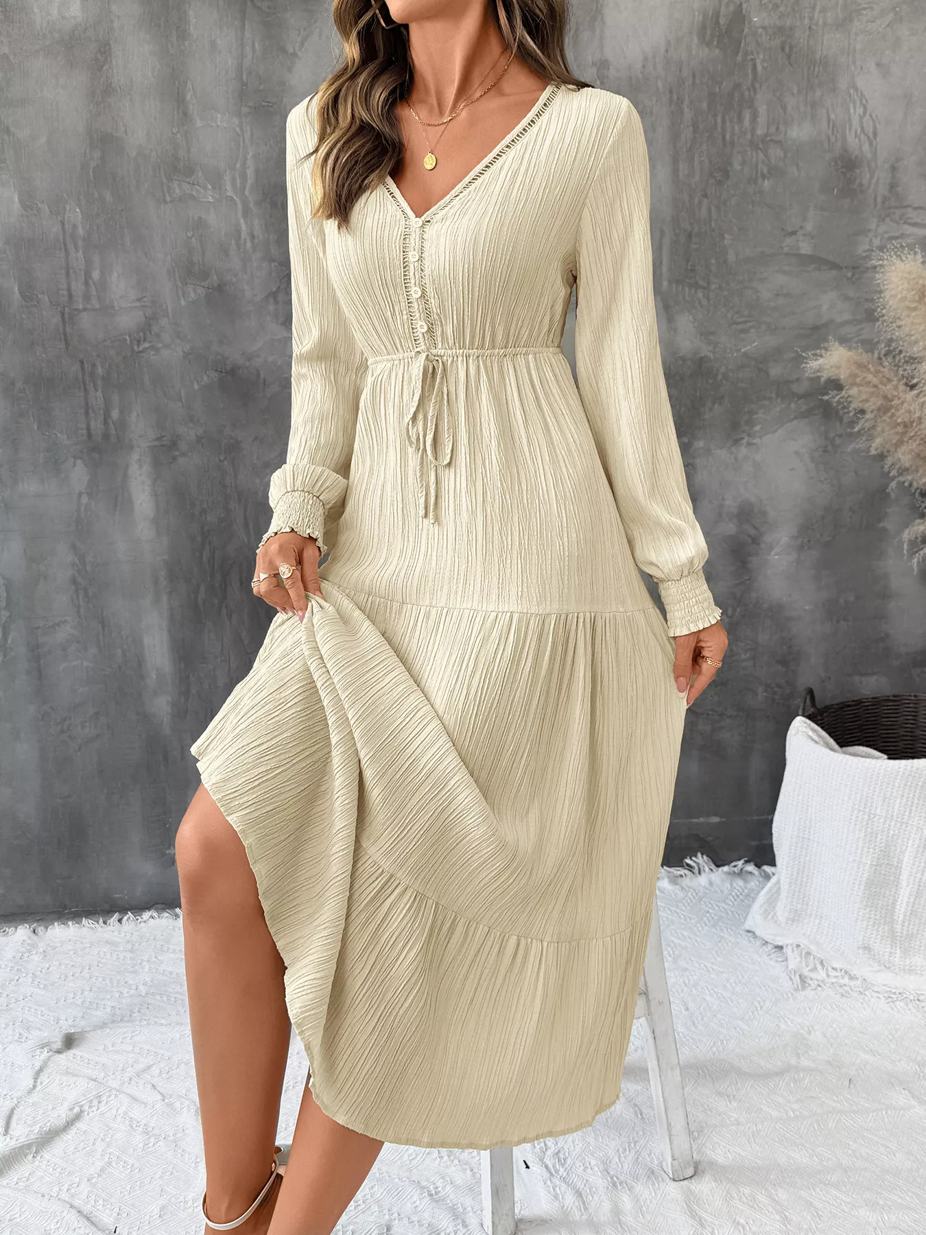 Tiered V-Neck Long Sleeve Dress - Image 5