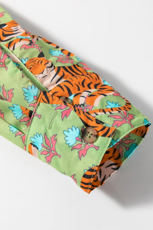 Tiger Floral Printed Collared V Neck Casual Blouse - Image 8