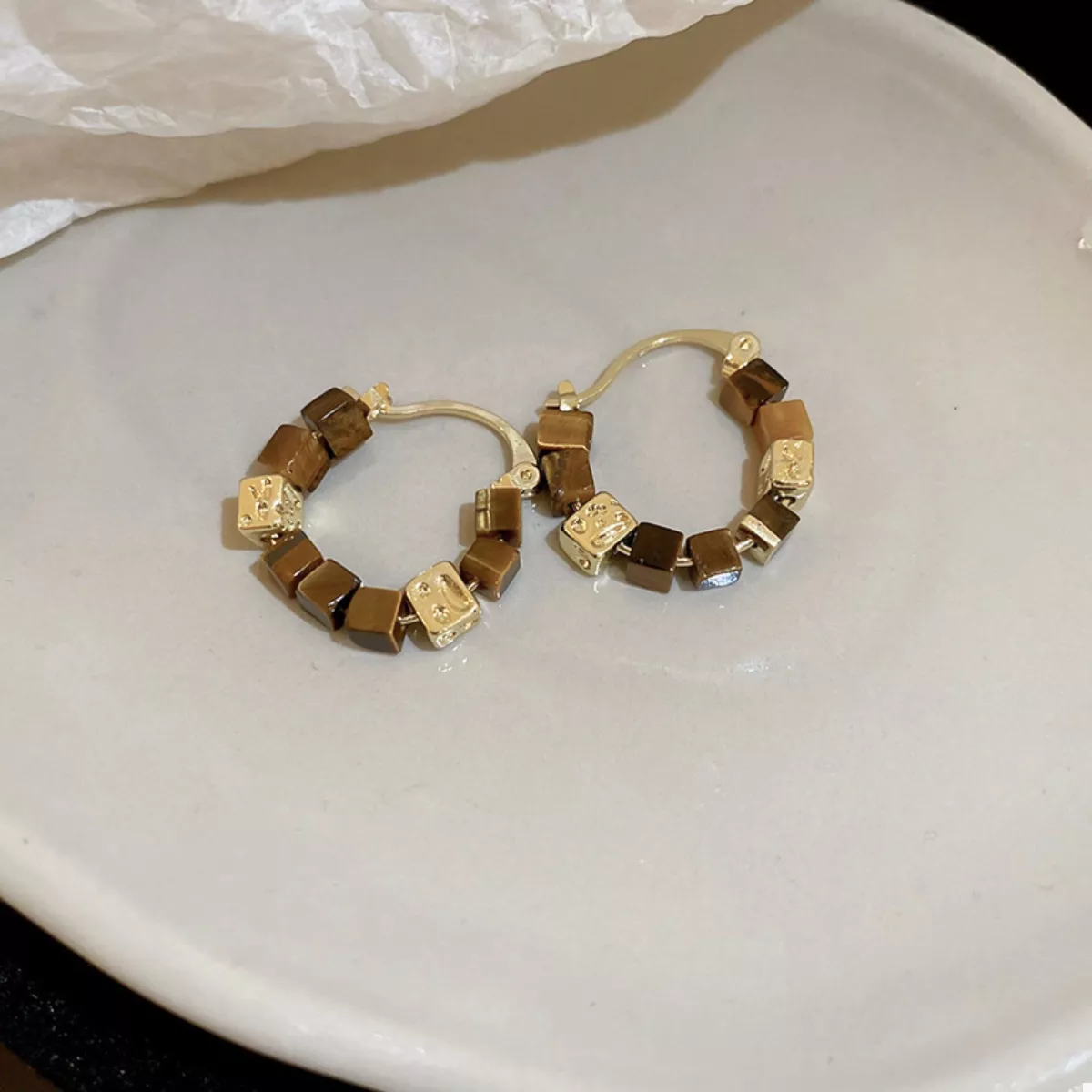 Tiger's Eye 18K Gold-Plated Copper Geometric Earrings - Image 2