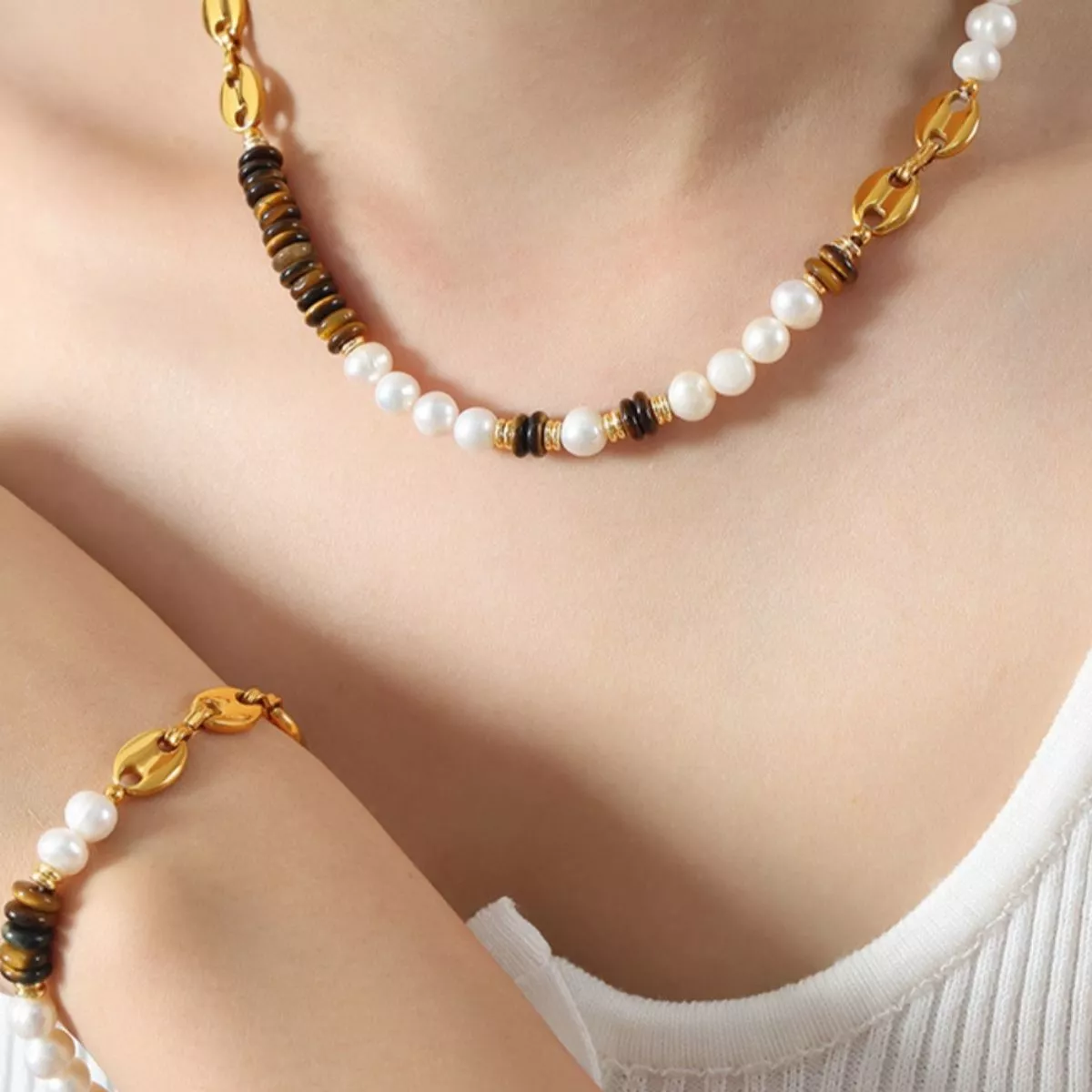 Tiger's Eye Freshwater Pearl 18K Gold-Plated Bead Necklace - Image 2