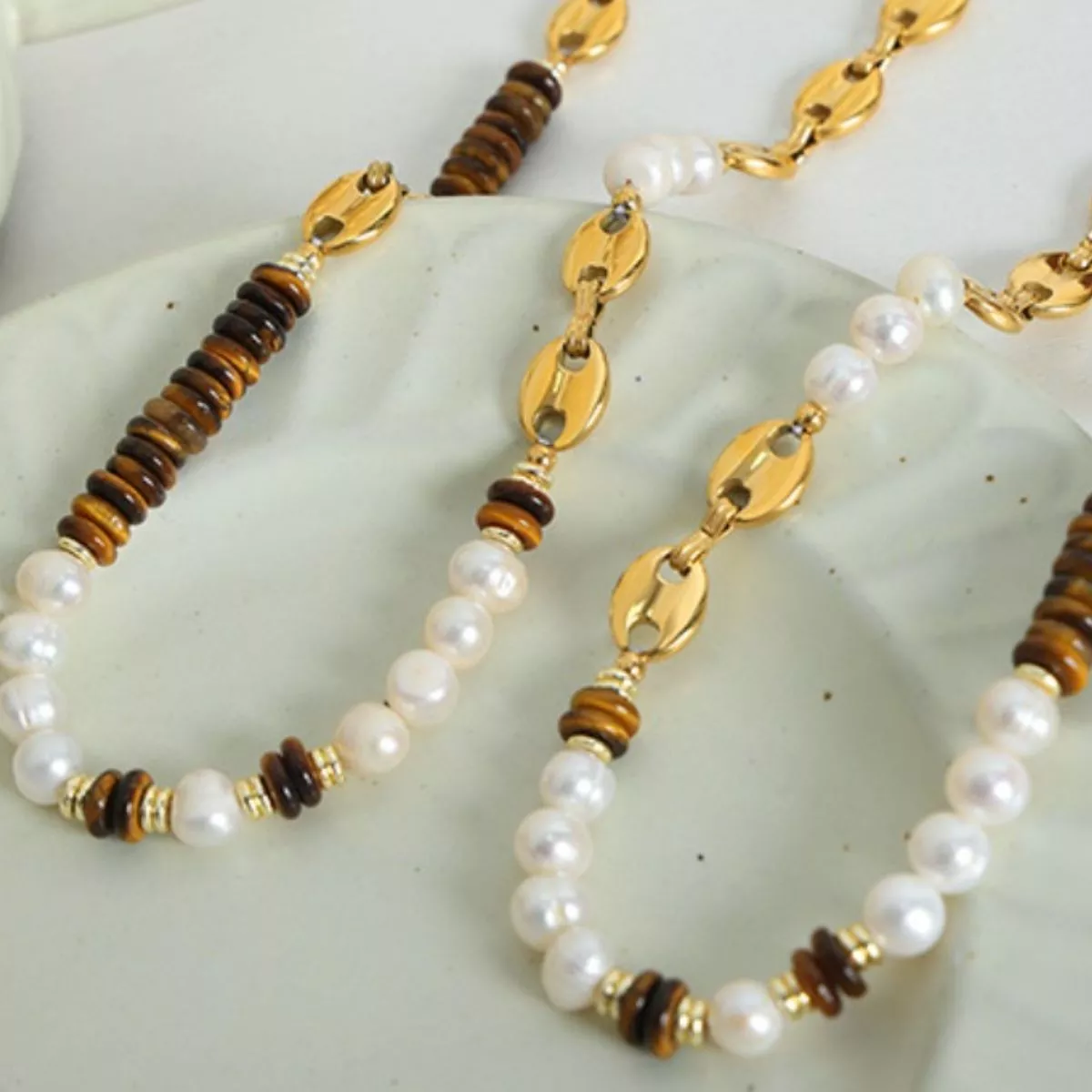 Tiger's Eye Freshwater Pearl 18K Gold-Plated Bead Necklace - Image 7