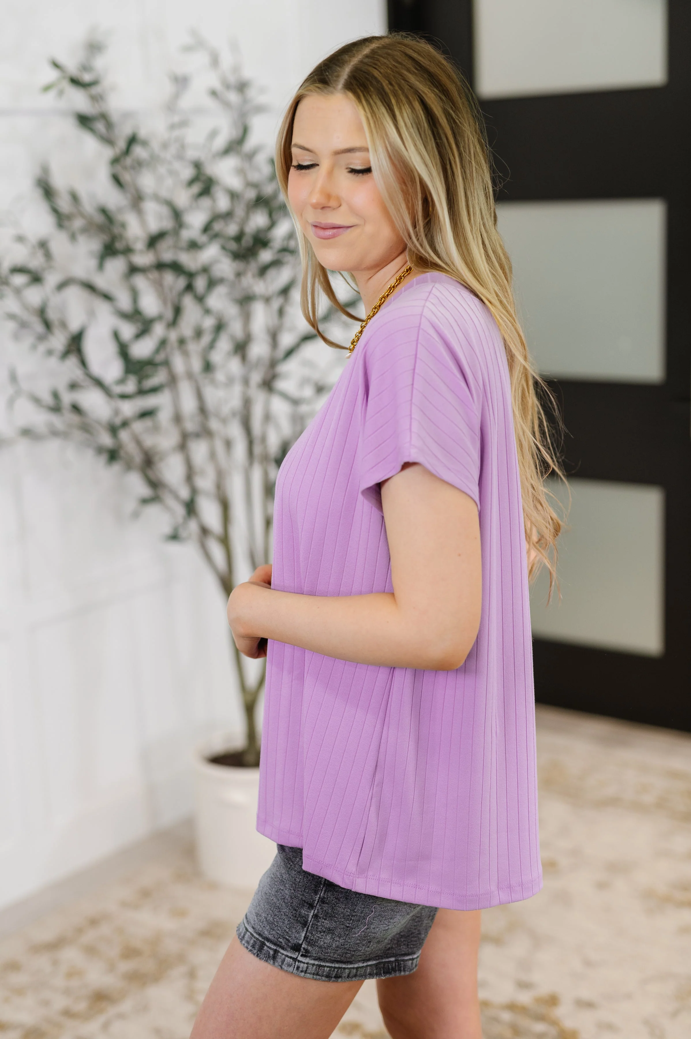 Top Shelf Basic V-Neck Ribbed Tee in Lavender - Image 4