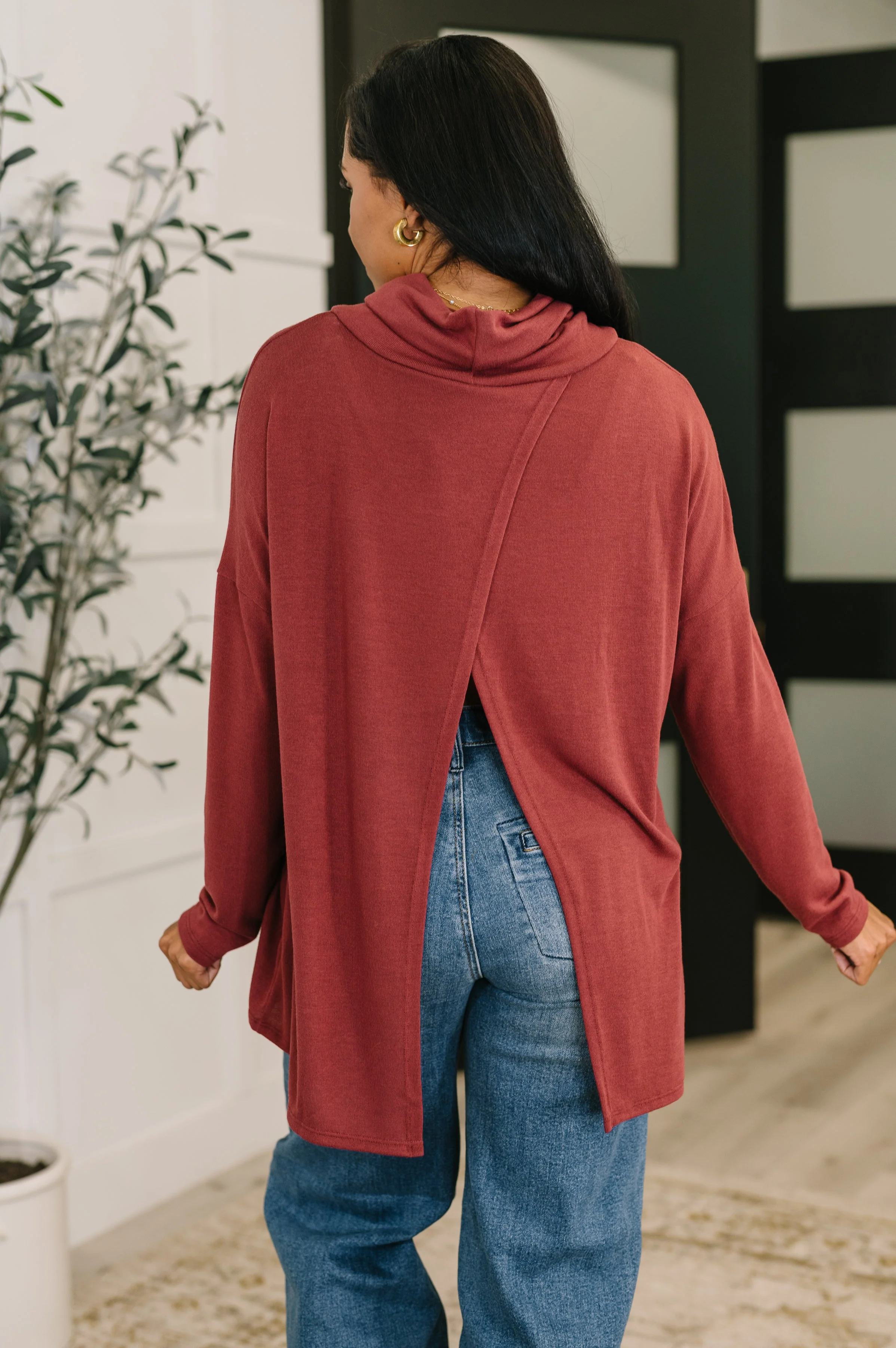 Travel Destination Cowl Neck Pullover in Wine - Image 4
