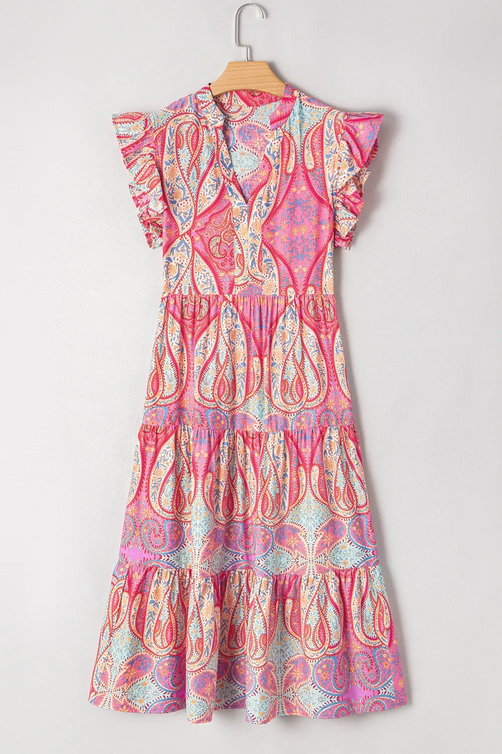 Tribal Paisley Print Ruffled Sleeve Notch Neck Midi Dress - Image 3