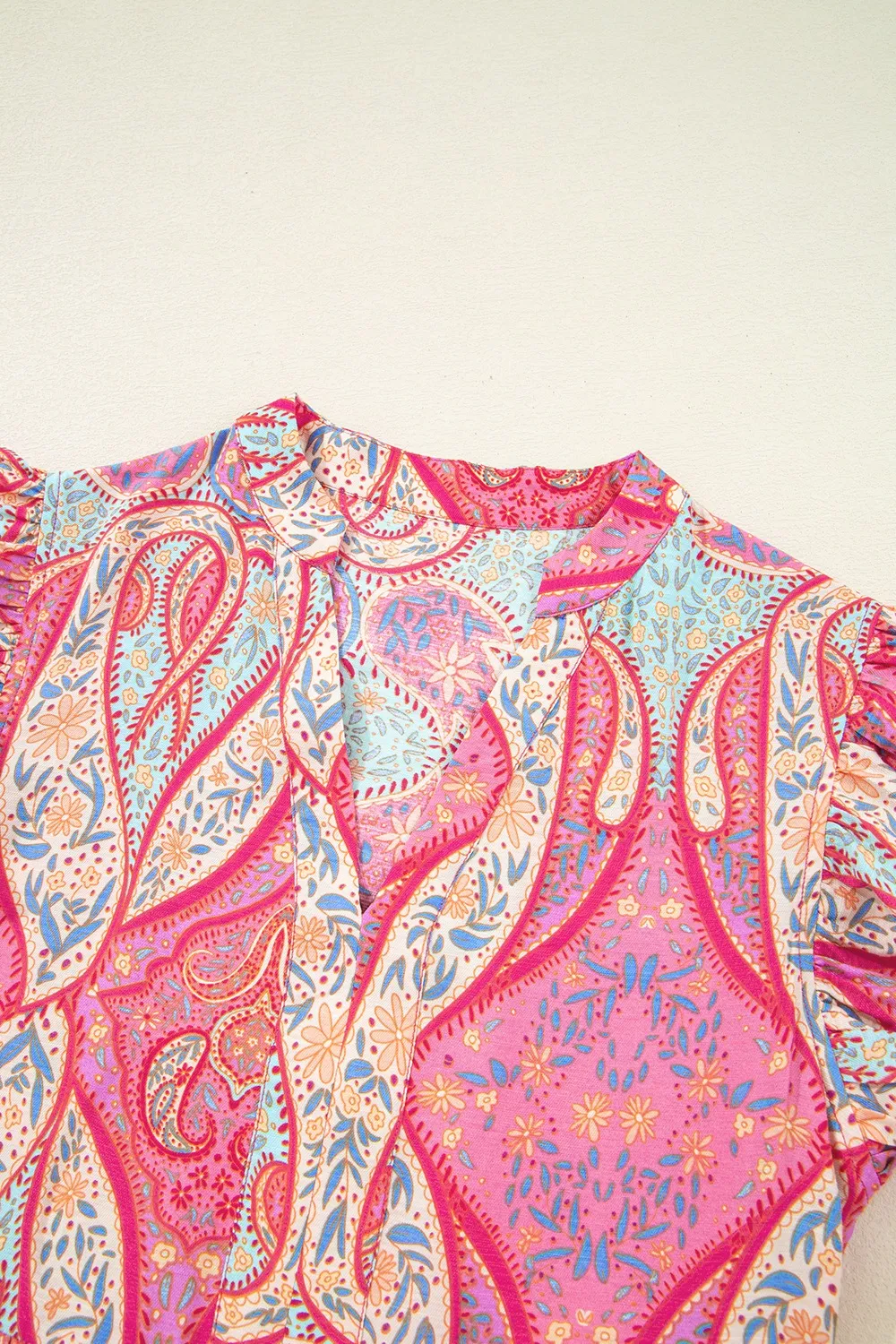 Tribal Paisley Print Ruffled Sleeve Notch Neck Midi Dress - Image 5