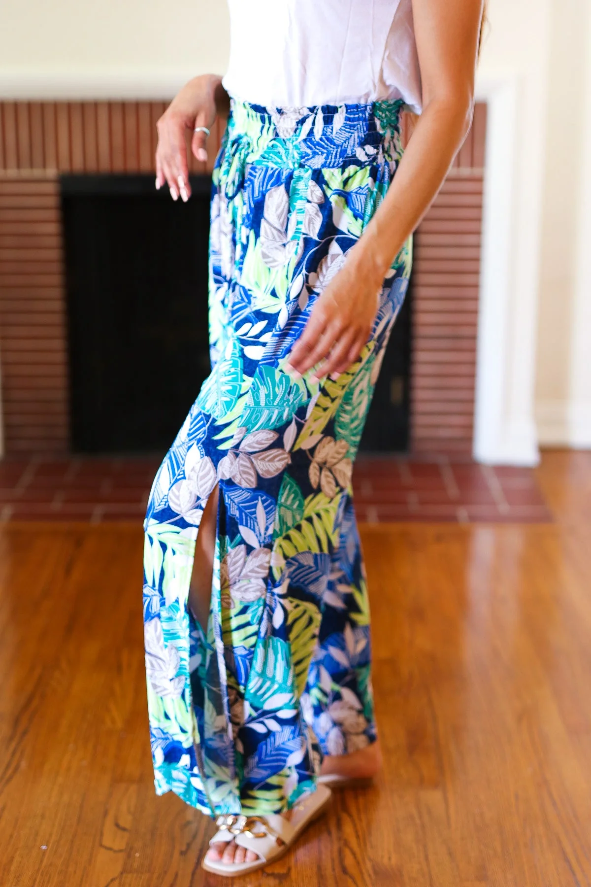 Tropical Boho Smocked Waist Side Slit Palazzo Pants - Image 5