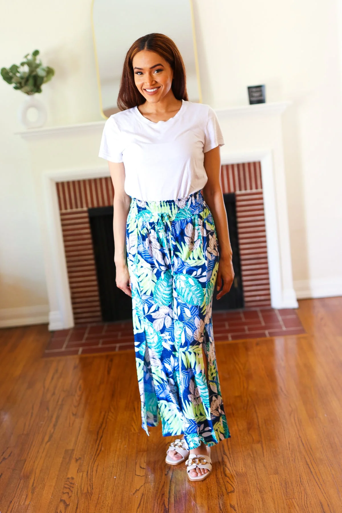Tropical Boho Smocked Waist Side Slit Palazzo Pants - Image 6