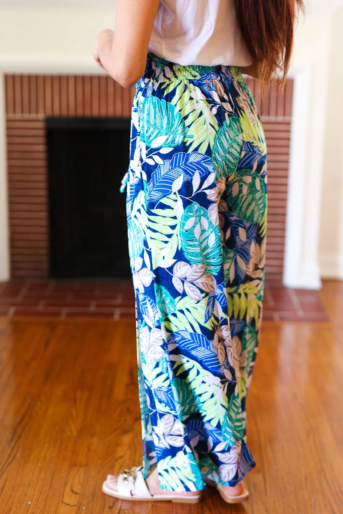 Tropical Boho Smocked Waist Side Slit Palazzo Pants - Image 8