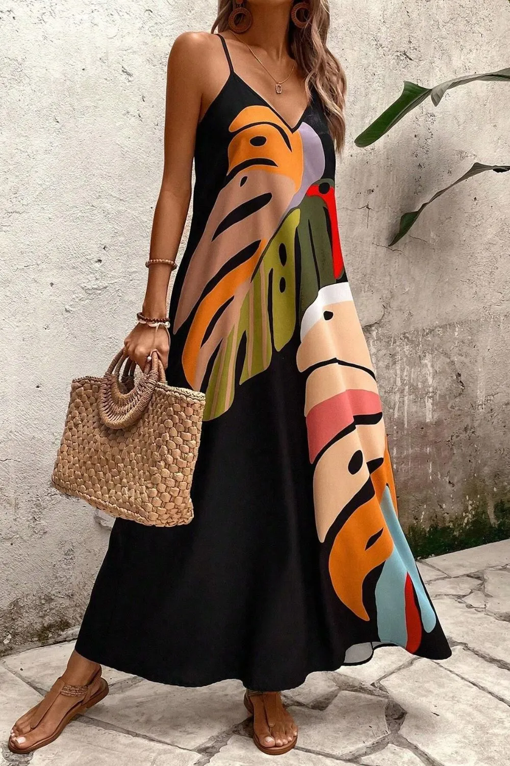 Tropical Leaf Print V-Neck Maxi Cami Dress - Image 4