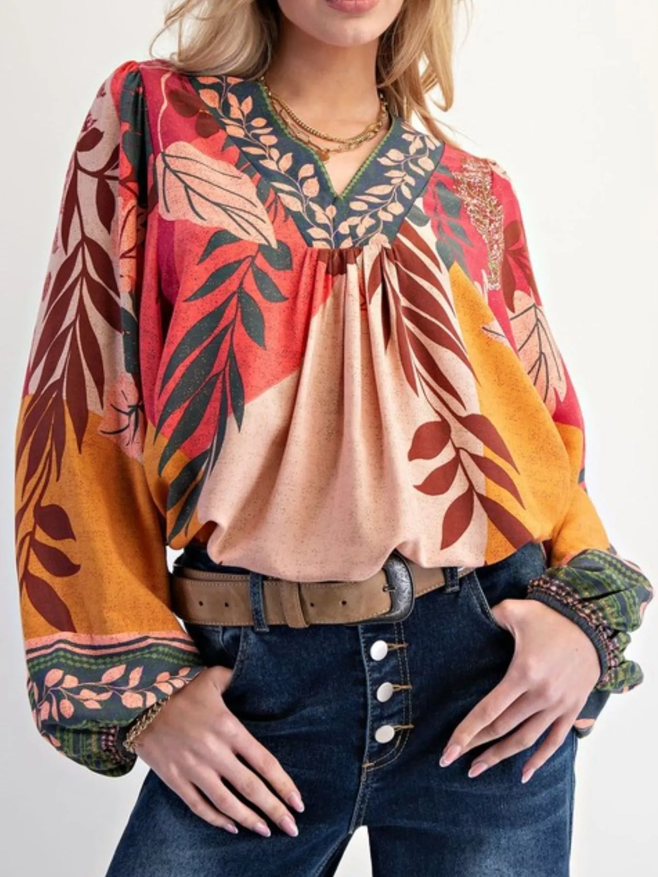 Tropical Print Balloon Sleeve Blouse