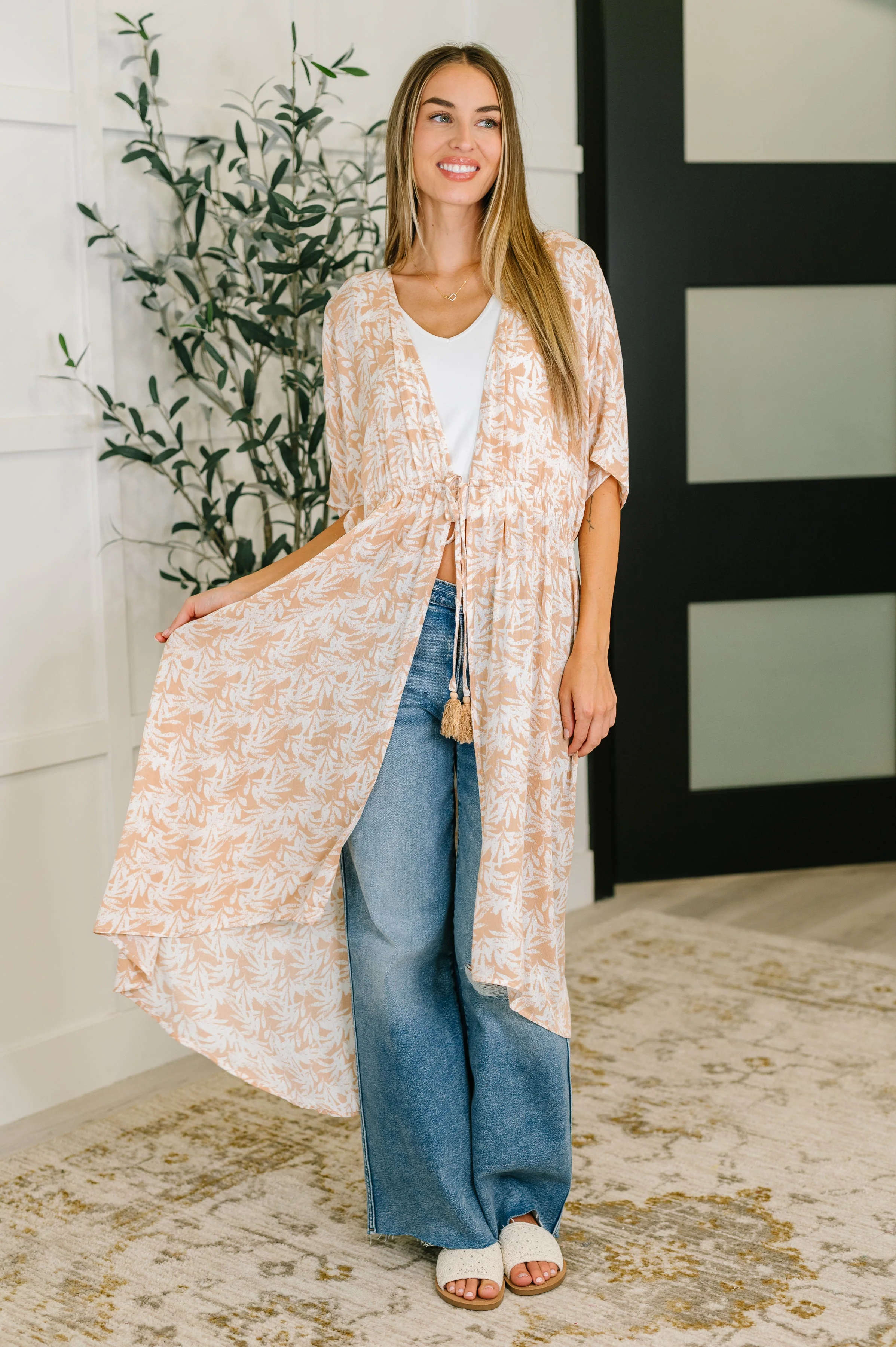 Tropical Print Gauze Kimono with Elastic Waist Tie in Milk Tea - Image 2
