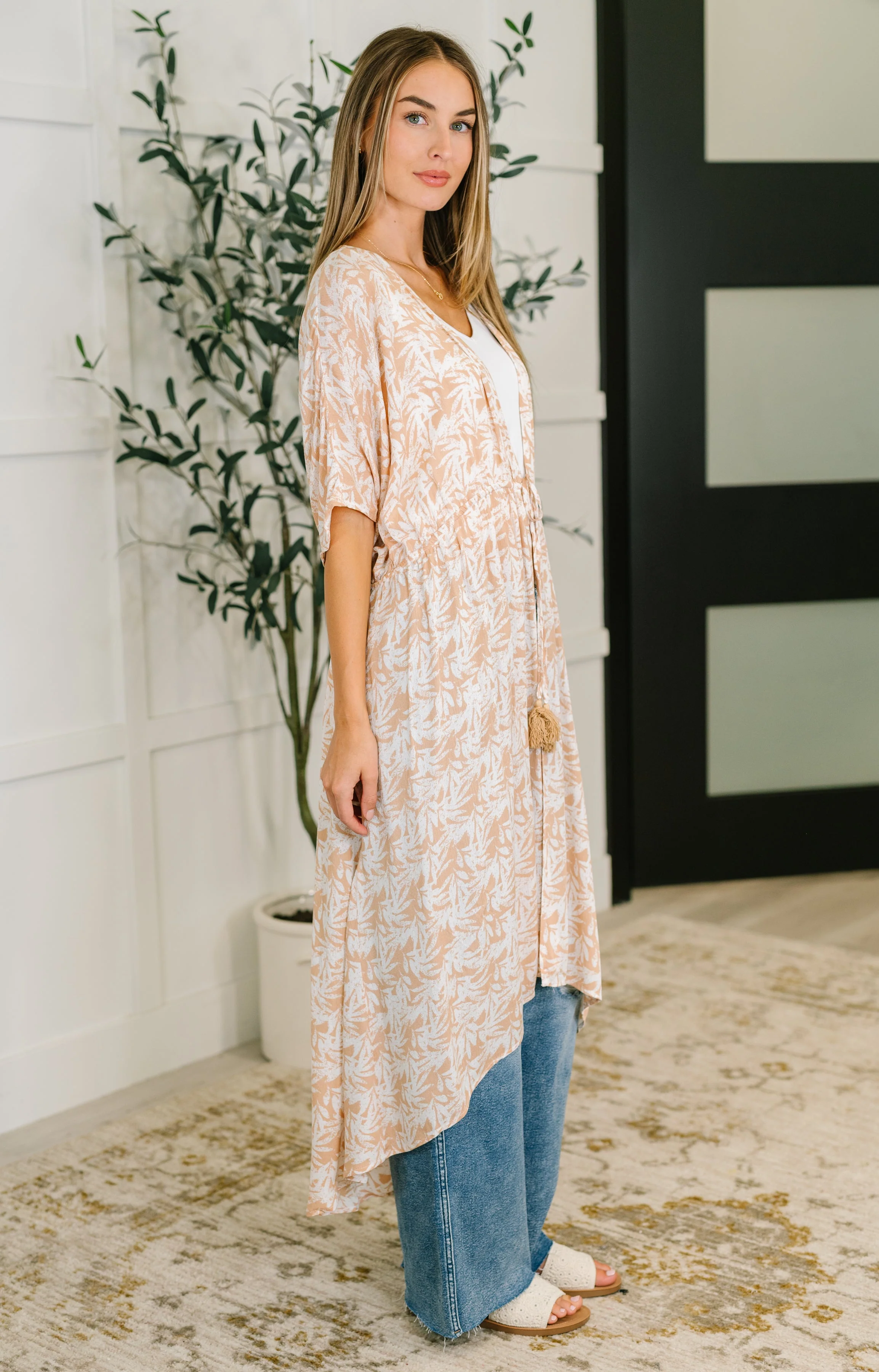 Tropical Print Gauze Kimono with Elastic Waist Tie in Milk Tea - Image 3