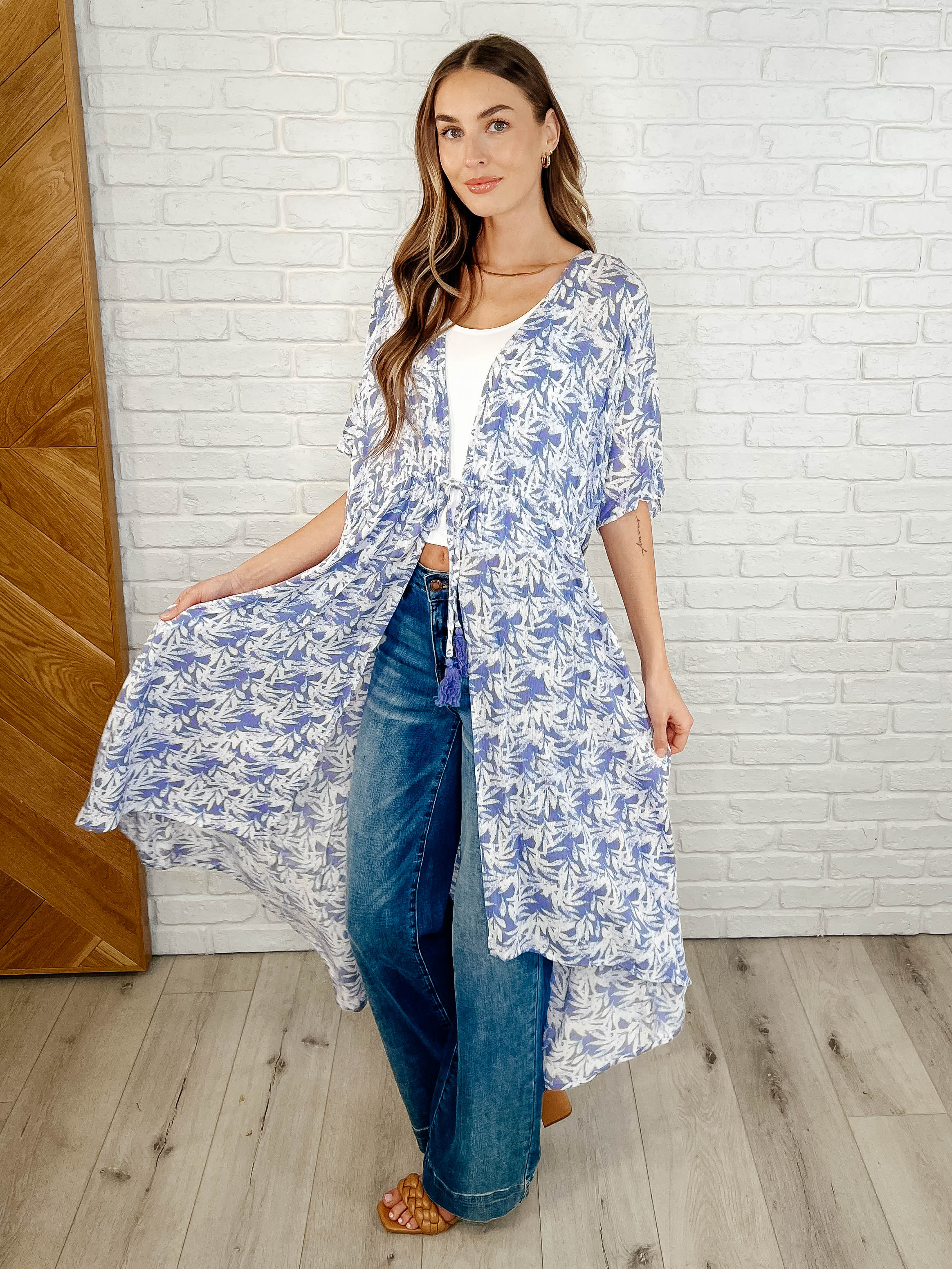 Tropical Print Gauze Kimono with Elastic Waist Tie in Periwinkle - Image 6