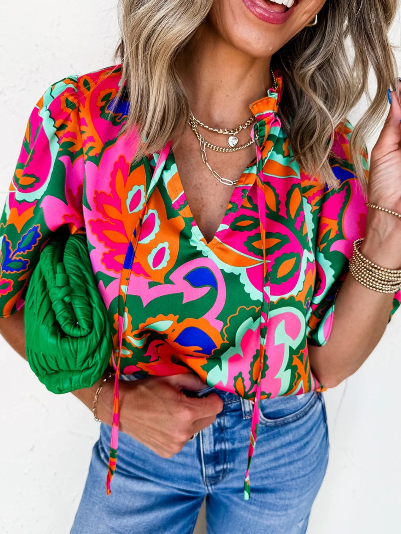 Tropical Print Short Sleeve Tie Neck Blouse - Image 4