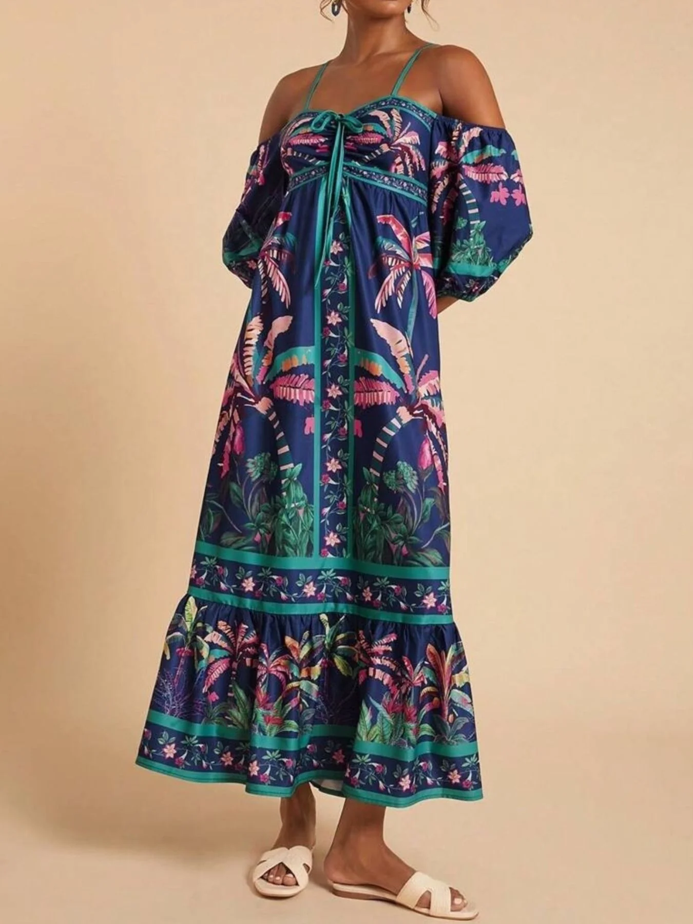 Tropical Print Spaghetti Strap Maxi Dress - Image 2