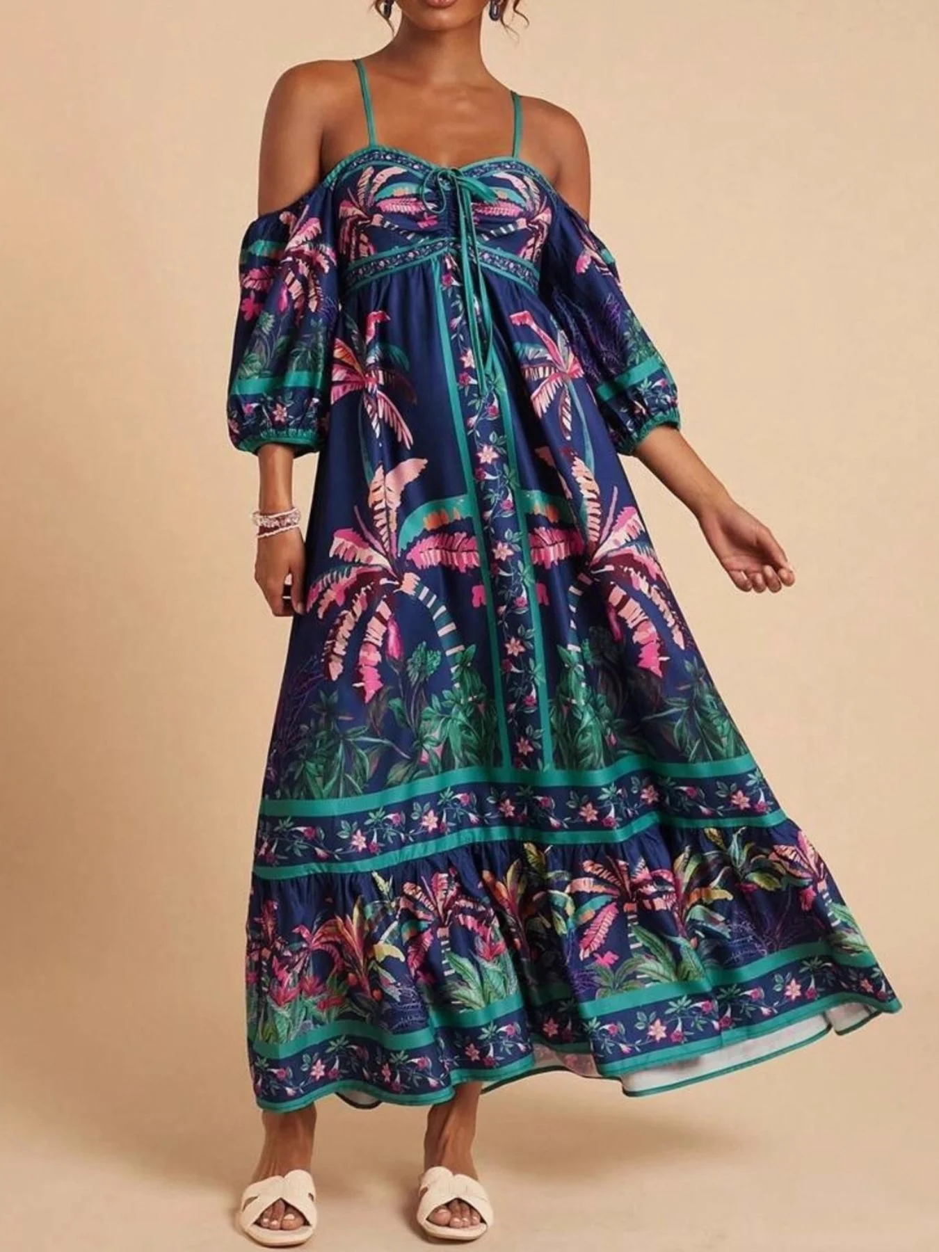 Tropical Print Spaghetti Strap Maxi Dress - Image 3