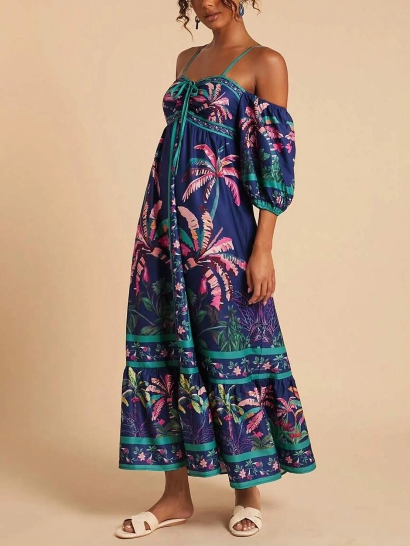Tropical Print Spaghetti Strap Maxi Dress - Image 4
