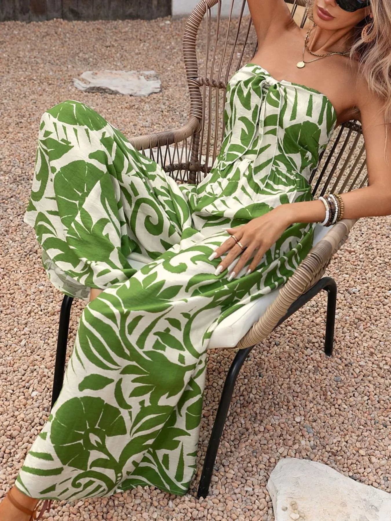 Tropical Print Tie Front Strapless Wide Leg Jumpsuit - Image 5