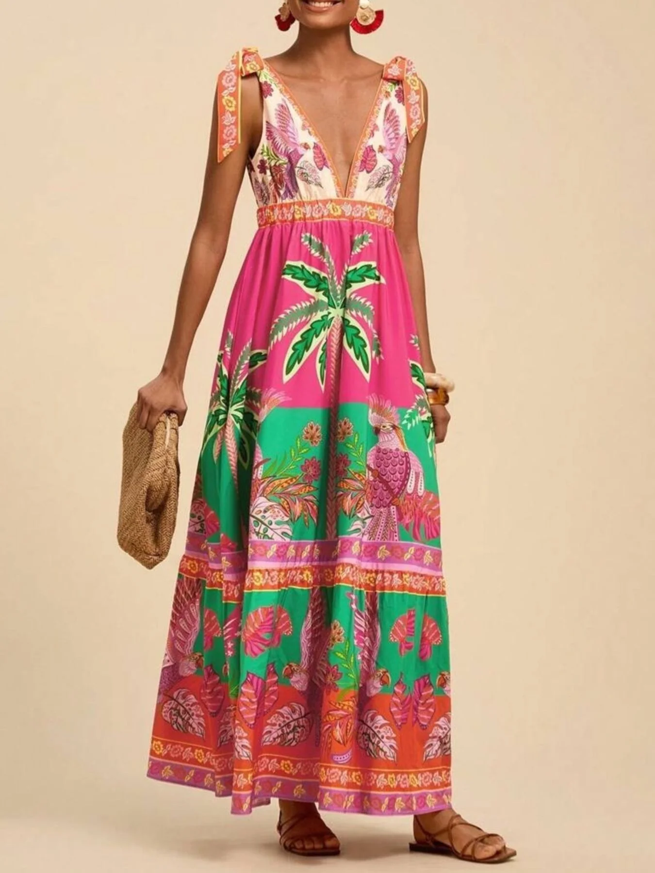 Tropical Print Tie-Shoulder Maxi Dress - Image 2