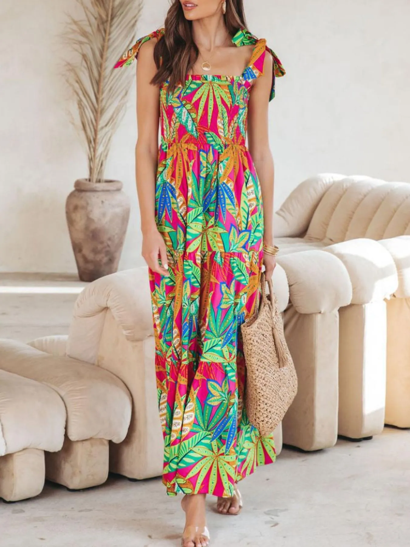 Tropical Print Tie Shoulder Maxi Dress - Image 6