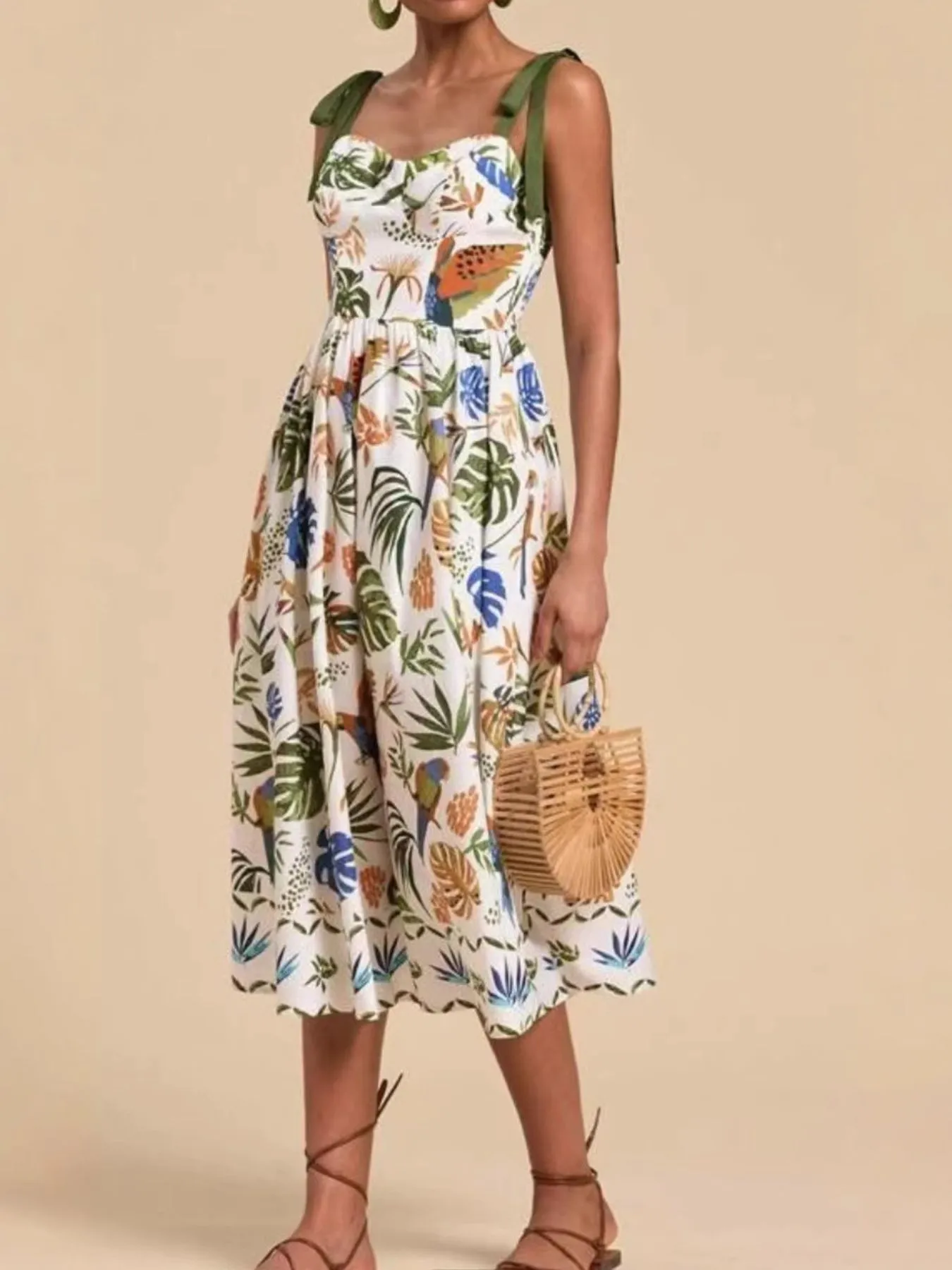 Tropical Print Tie-Shoulder Sweetheart Neck Midi Dress - Image 2