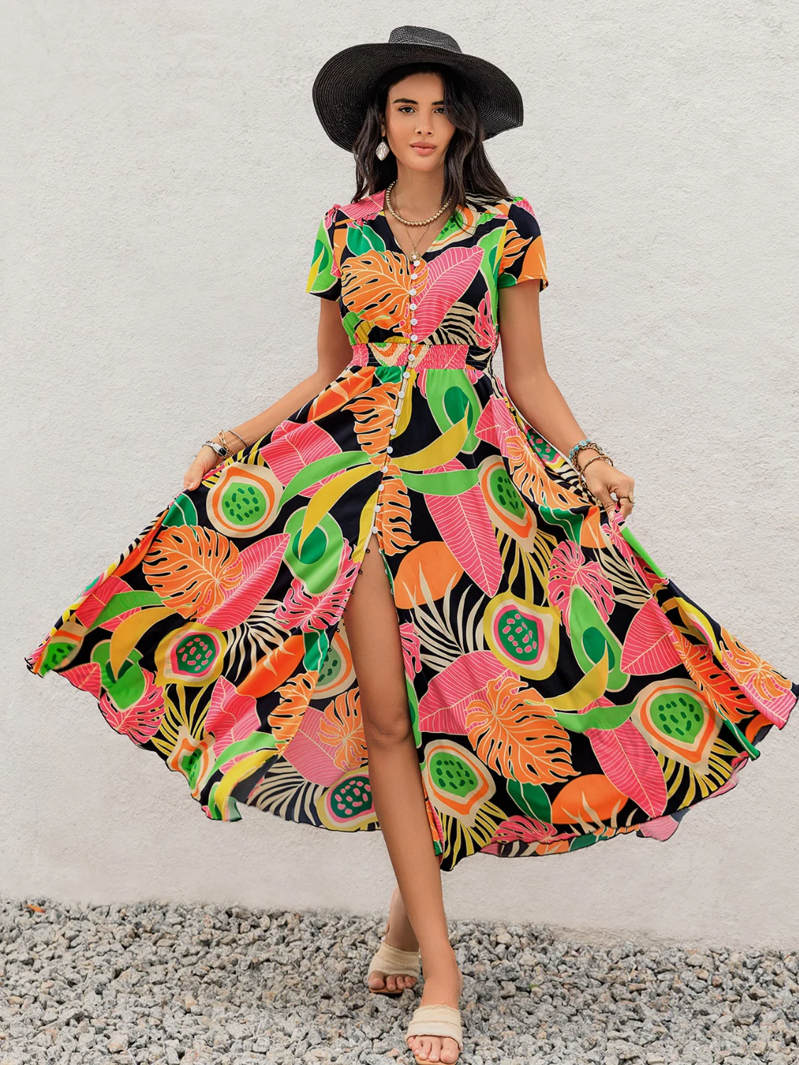 Tropical Print V-Neck Short Sleeve Midi Dress - Image 5
